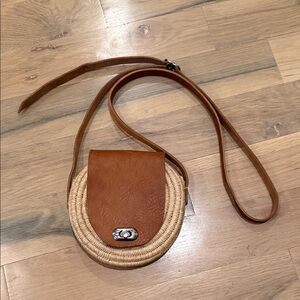 Woven Round Crossbody Bag with Brown Leather Flap